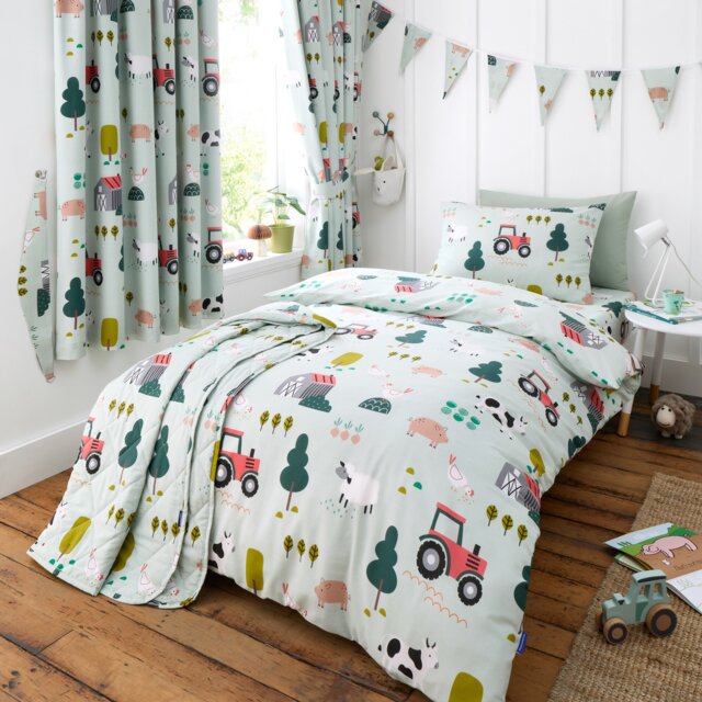 Happy Linen Company Barn Yard Farm Animals Reversible Duvet Cover Bedding Set Green Toddler