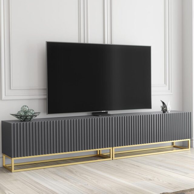 TV Stand TV Unit Modular Media Cabinet Storage Cabinet Grey Fluted Gold Legs 200cm