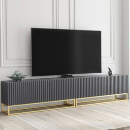 TV Stand TV Unit Modular Media Cabinet Storage Cabinet Grey Fluted Gold Legs 200cm