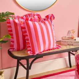 OHS 2 Pack Stripe Frill Cushion Cover Multi Red/Pink 45 x 45 cm