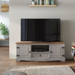 Mercers Furniture Corona Grey Wax Widescreen TV Unit 2 Door 1 Drawer Media Television Stand Solid Wood Pine Wooden Mexican Styling
