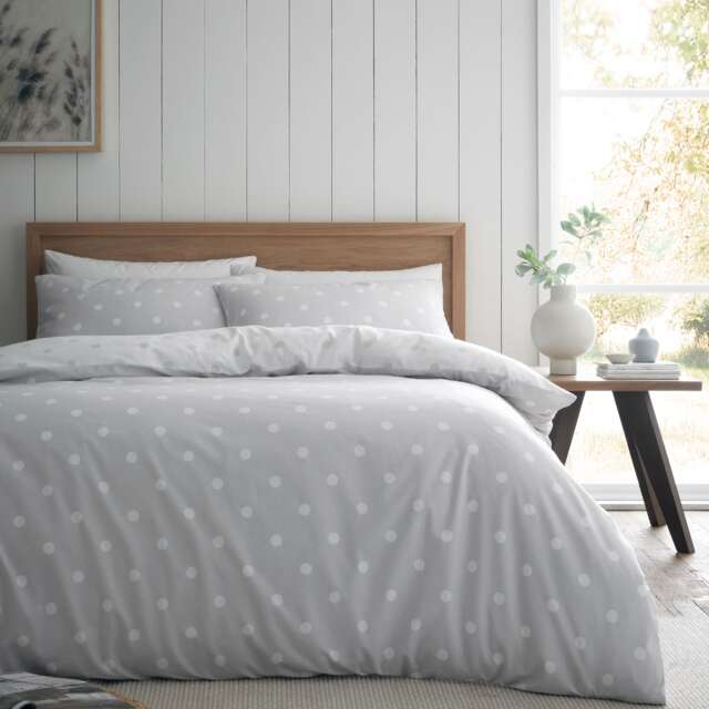 Brushed Polka Dot Cotton Reversible Duvet Cover Set Grey Double