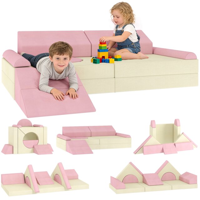 AIYAPLAY Kids Play Sofa, 12 Pieces Foam Modular Convertible Sofa Pink Light Pink, Cream White 130 x 105 x 41 cm