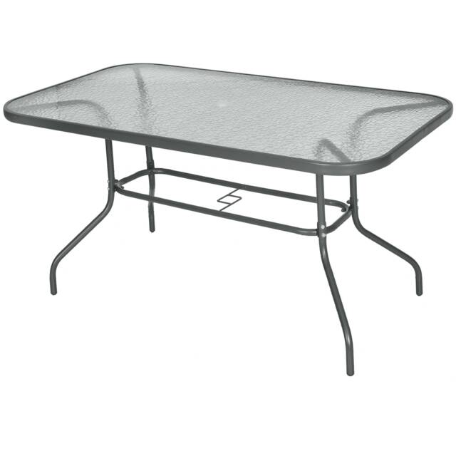 Outsunny Metal Garden Dining Table Outdoor Patio w/ Glass, Umbrella Hole Grey Charcoal grey 140 x 80 x 70 cm
