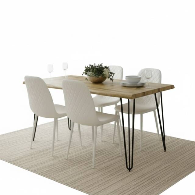 Wooden Dining Table Set With 4 White Faux Leather Chairs Dining Room Furniture