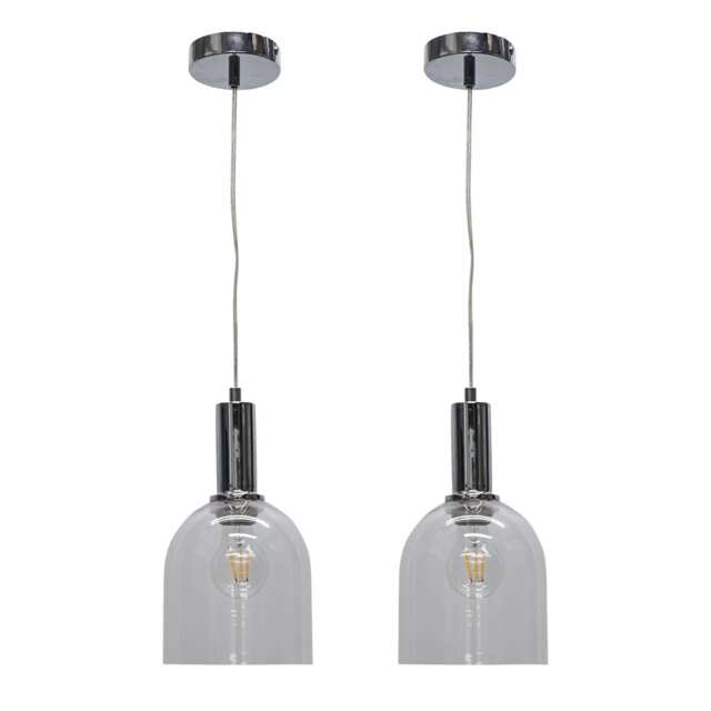 Set of 2 Belten - Clear Glass Cloche Chrome Deco Pendant Fittings