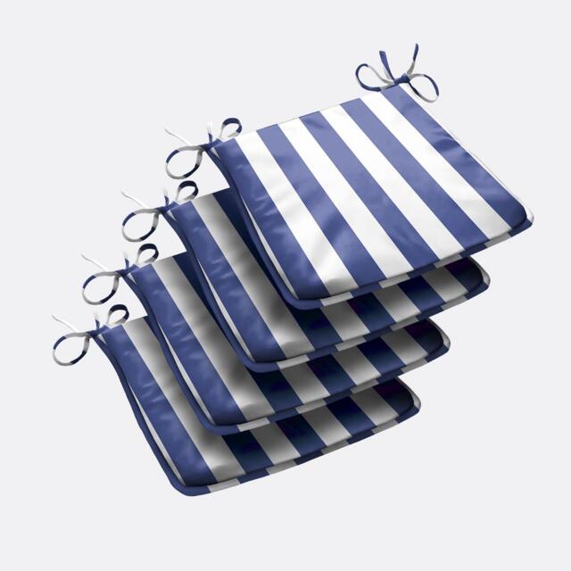 Wide Striped Outdoor Tapezoid Shape Seat Pad Blue Set of 4