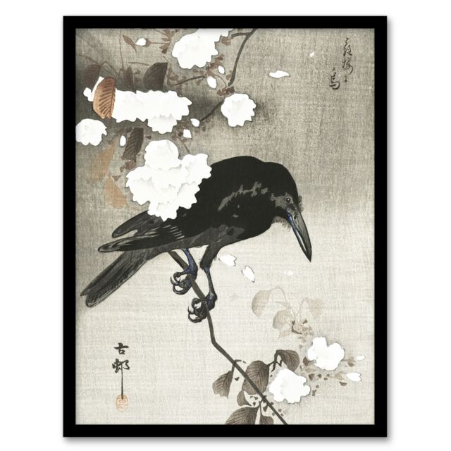 "Crow With Cherry Blossom Flowers Retro Japan Framed Wall Art Print Koson 12x16"""