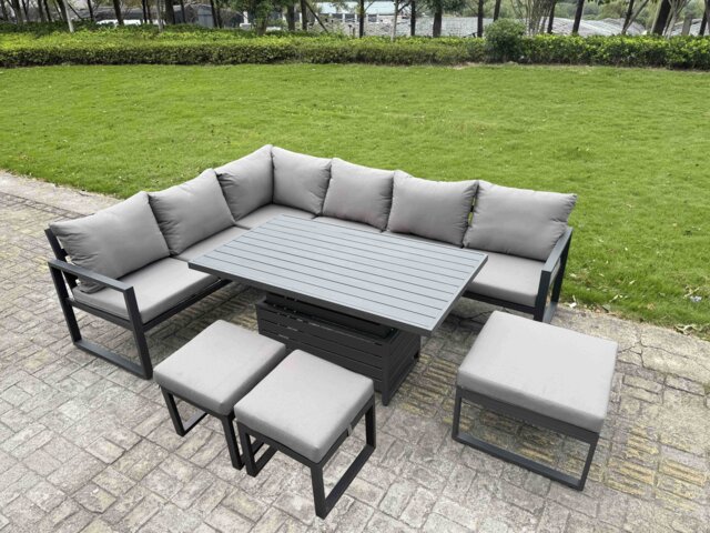 Fimous Aluminium Adjustable Rising Lifting Dining Table Sofa Set 9 Seat Aluminium Garden Furniture Sets with 3 Footstools Dark Grey