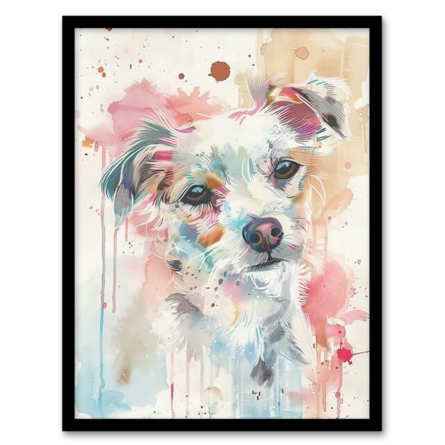 Dog Lover Watercolour Portrait Pink Light Black Framed Wall Art Print A4