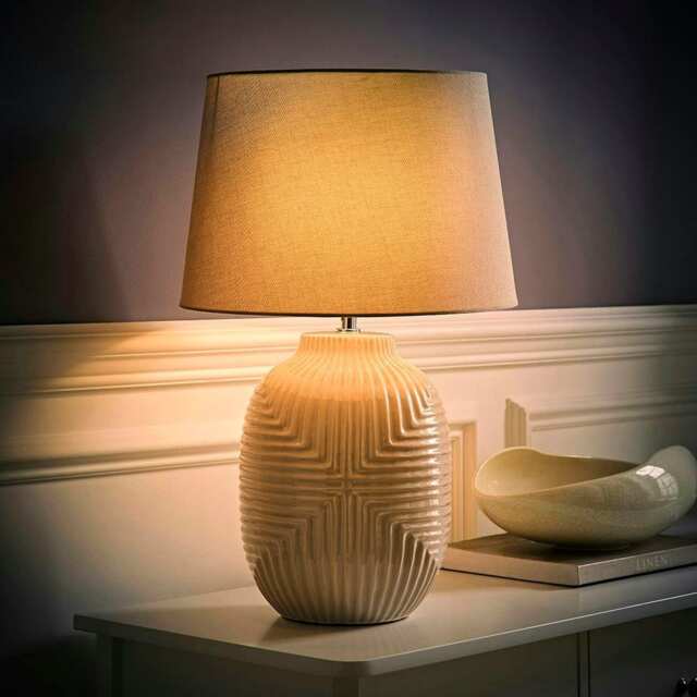 ValueLights Harrison Tapered Shade Grey Geo Ribbed Pattern Gloss Large Table Lamp & Bulb Grey