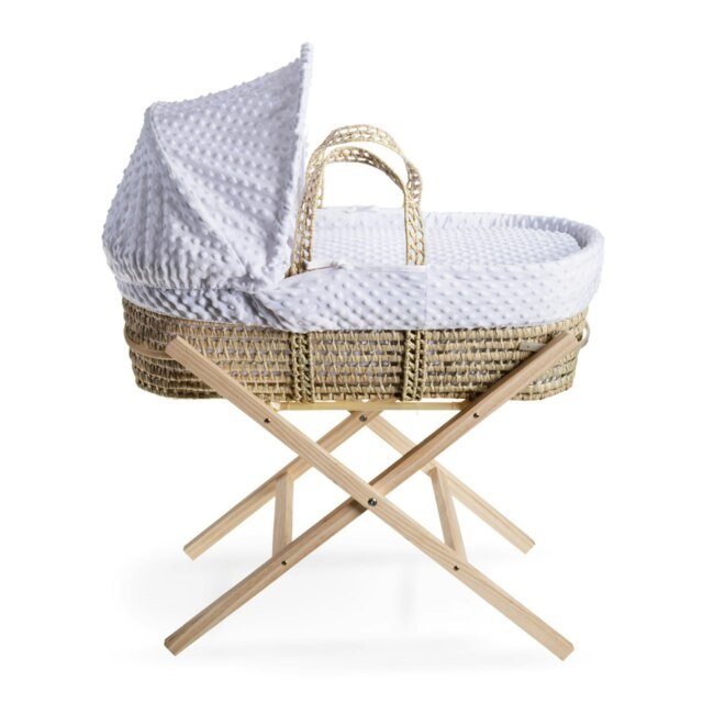 Clair de Lune Dimple Palm Moses Basket With Folding Stand - White