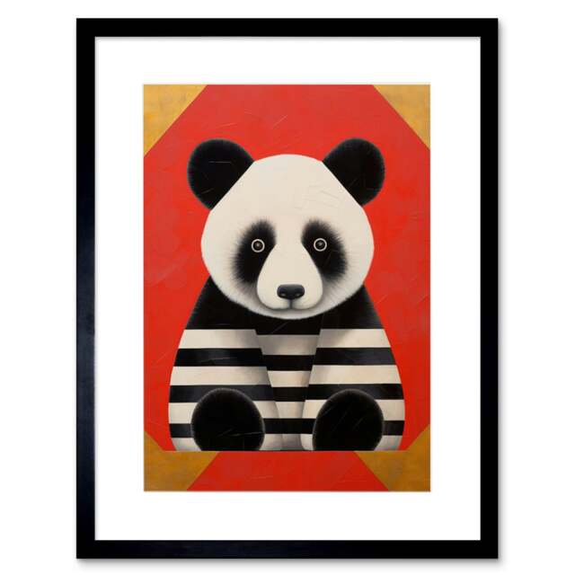 "Panda Stripes Fun Kids Bedroom Baby Nursery 9x7"" Black Framed Wall Art Print"