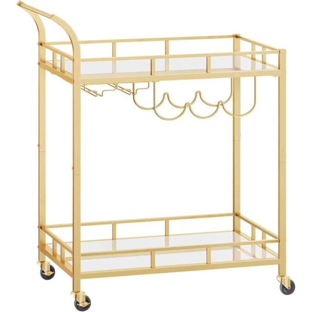 Drinks Trolley with Mirrored Shelves, Serving Cart with Glass and Bottle Holders, Gold
