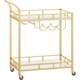 Drinks Trolley with Mirrored Shelves, Serving Cart with Glass and Bottle Holders, Gold