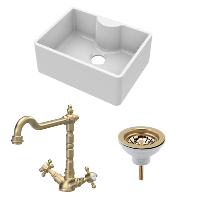 Balterley Fireclay Kitchen Bundle - Single Bowl Butler Sink with Tap Ledge, Waste & Classic Tap - Balterley White White 220.0000 x 595.0000 x 450.0000mm