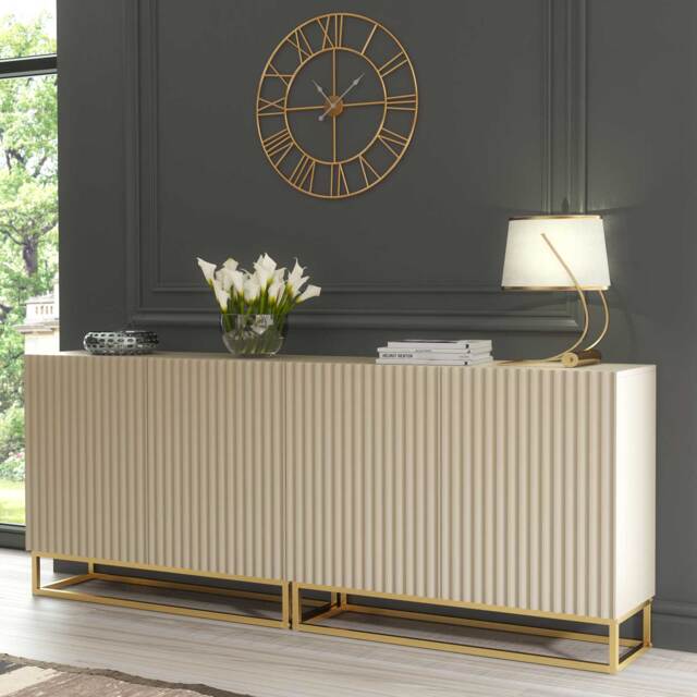 Sideboard Cabinet Storage Cupboard Modular Set Cashmere Fluted Doors Gold Metal Legs Living Dining Room Furniture 2x100cm 200cm