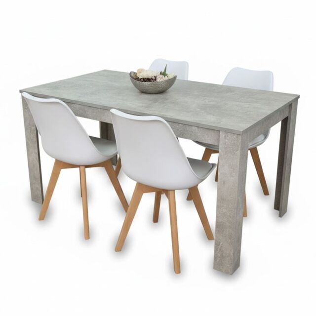 Stone Grey Effect Wood Dining Table Set with 4 White Plastic Chairs Modern Dining Room Furniture