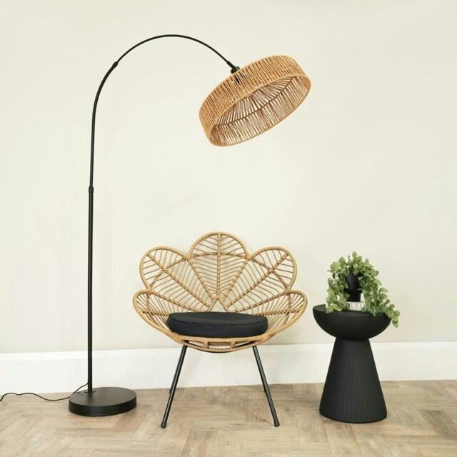 ValueLights Louis Black Arched Curved Floor Lamp Natural Rope Pendant Shade