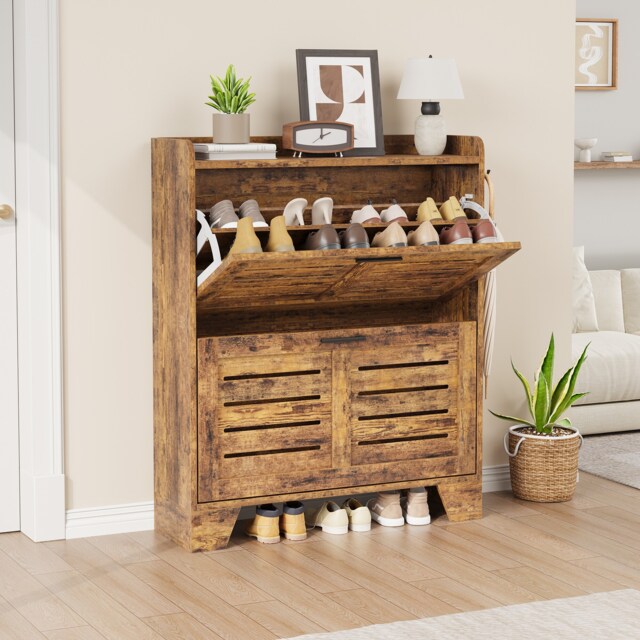 London Boutique Retro Burned Wood Tone Slim Narrow Flip Down Shoe Storage Cabinet 2 Tier Hidden Dust-proof Compartment Eco Particle Board Construction Low Profile Entryway Footwear Organiser With Closed Flip Doors Space Saving Hallway Furniture For Terraced House Small Flat Compact Entrance Porch 80 x 24 x 97 cm Single Cabinet