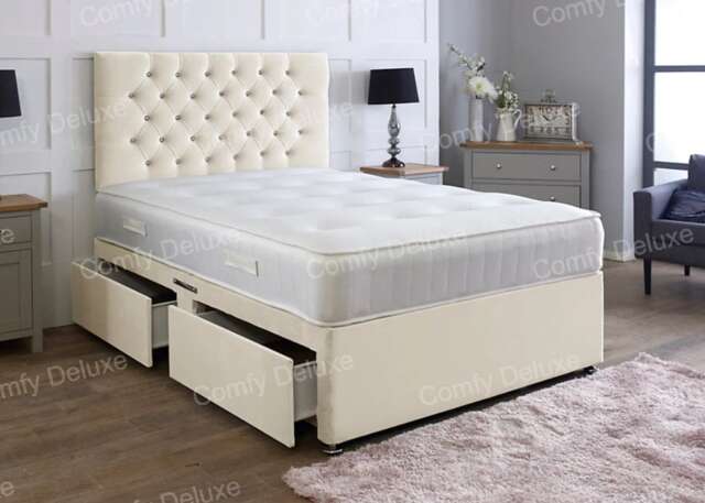 3ft Single Cream Plush Velvet Divan Bed With Headboard & Memory Sprung Mattress 2 Drawers Same Side