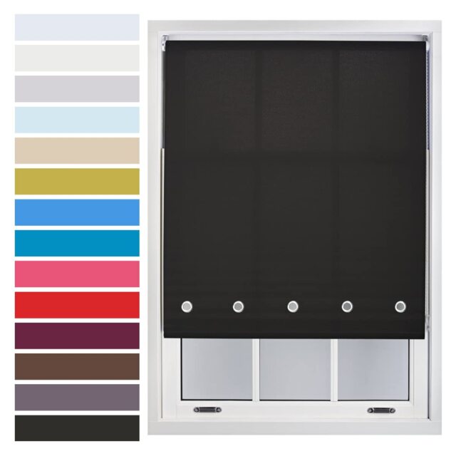 FURNISHED Roller Blinds with Chrome Round Eyelets and Metal Fittings Cut to Size Sheer Window Shade Black Black (W) 90cm x (L) 165cm
