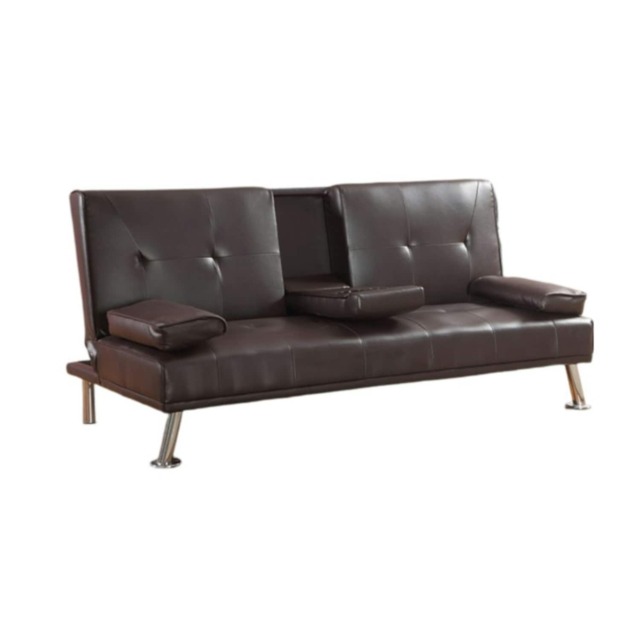 Faux Leather Clic Clac Luxury Sofa Bed with Drink Cup Holder In Brown