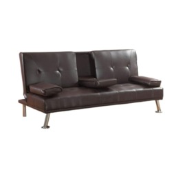 Faux Leather Clic Clac Luxury Sofa Bed with Drink Cup Holder In Brown