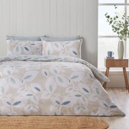 Catherine Lansfield Inga Leaf Reversible Duvet Cover Set Cream Natural Single