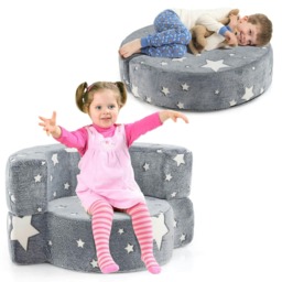 COSTWAY Kids Plush Couch Toddlers 2 in 1 Sofa Play Mat Grey Chair