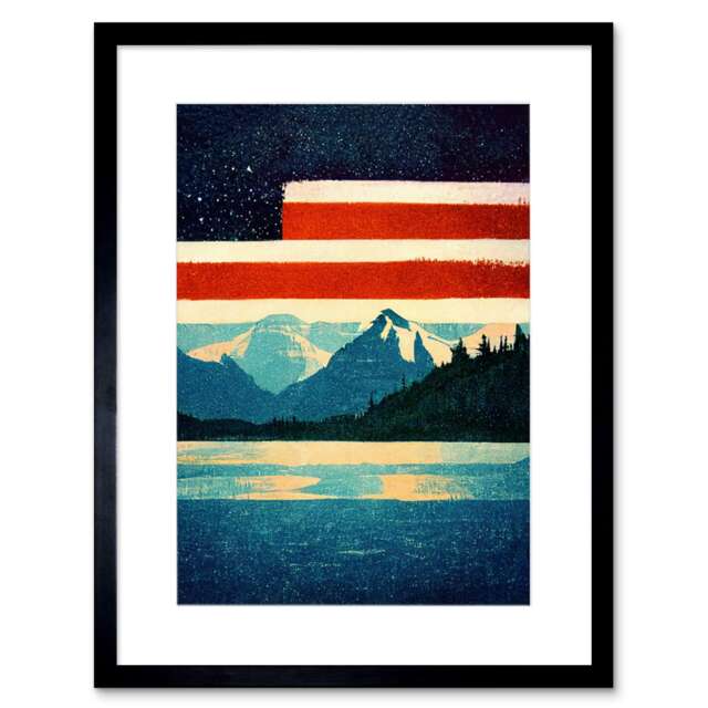 "Glacier National Park USA Stars Stripes Iconic 9x7"" Black Framed Wall Art Print"