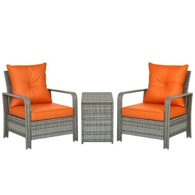 Outsunny PE Rattan Garden Sofa Set w/ 2 Chairs & 72 L Storage Table, Orange