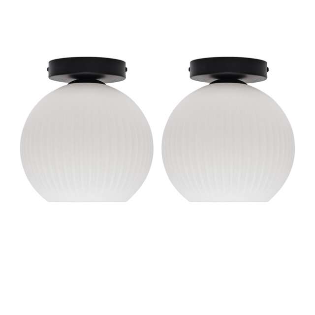 Set of 2 Betchley - White Ribbed Glass Black Ceiling Light Fittings