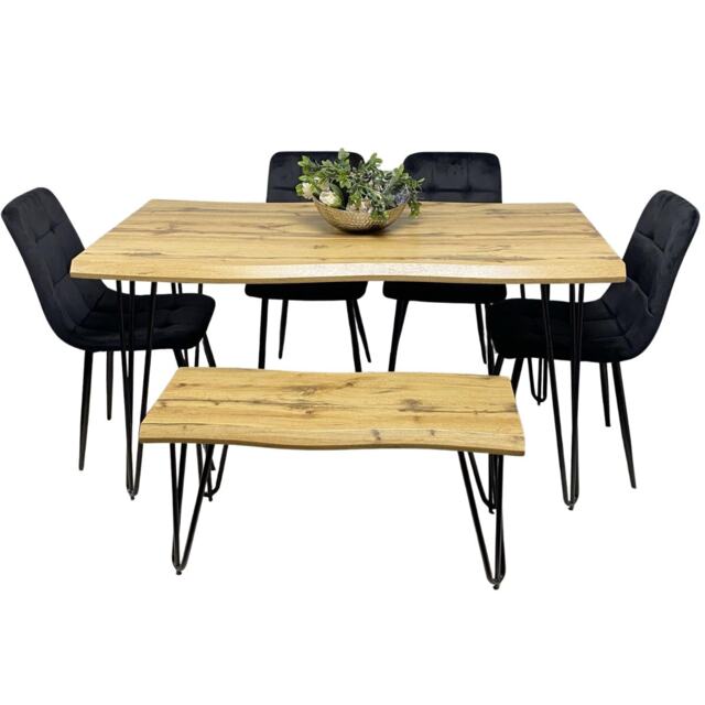 Wooden Dining Table with Bench and 4 Black Velvet Chairs - Stylish Dining Room Furniture