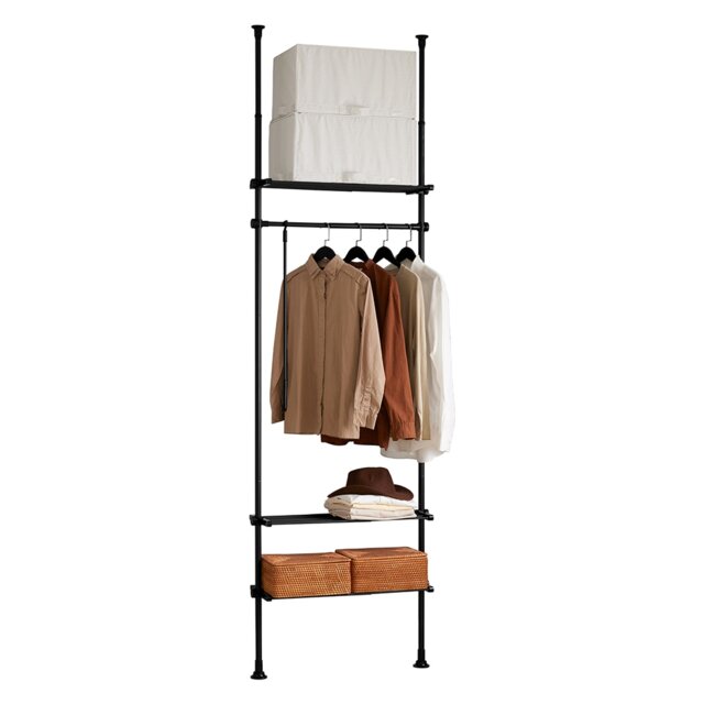 SoBuy Telescopic Clothes Rail, Heavy Duty Adjustable Open Wardrobe with Hanging Rail & Shelves, Black, 20.5x6.5x91.7 in, 3.8 kg - KLS07-SCH