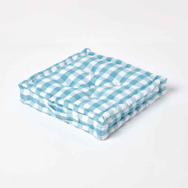 Homescapes Blue Block Check Cotton Gingham Floor Cushion - 50 x 50 cm Blue 50 x 50 cm