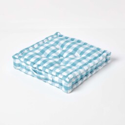 Homescapes Blue Block Check Cotton Gingham Floor Cushion - 50 x 50 cm Blue 50 x 50 cm