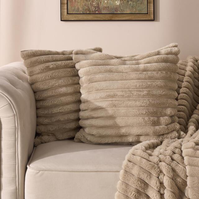 OHS 2 x Faux Fur Thick Rib Cushion Covers Brown Mink 45 x 45 cm