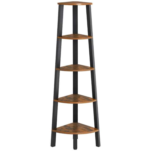 5-Tier Corner Bookcase Ladder Shelf Storage Unit, Rustic Brown and Black