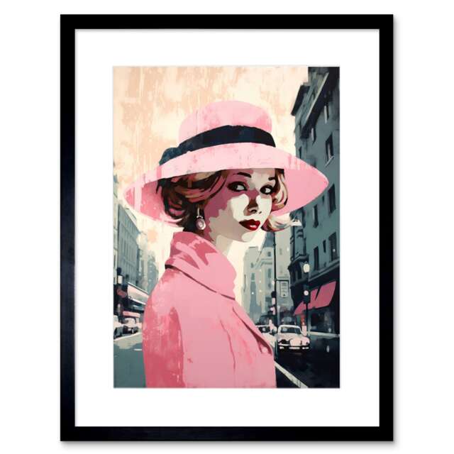 "Woman Downtown Street Retro Fashion Pink 9x7"" Black Framed Wall Art Print"