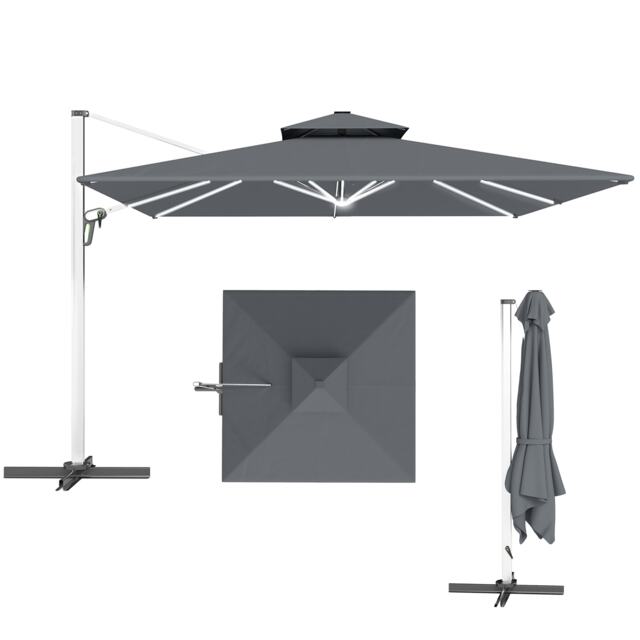 Outsunny 3(m) Garden Cantilever Parasol with Solar LED Lights, Overhanging Patio Umbrella with Cross Base, Crank Handle and Tilt, 8-Rib Outdoor Hanging Sun Shade, Grey Grey Grey