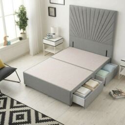 Sunburst Divan Bed with 2 Drawers & 54'' Floor Standing Headboard Linen Fabric Silver Silver