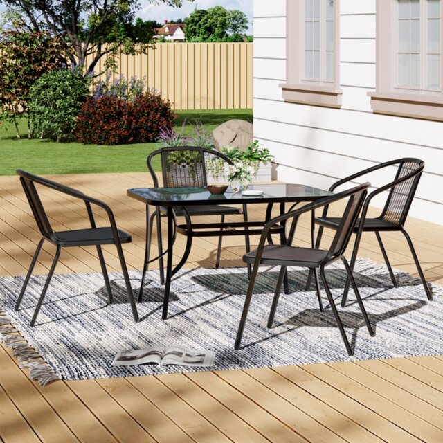 Living and Home 5Pcs Outdoor Garden Dining Set 1.5m Outdoor Tempered Glass Table With Rattan Chairs