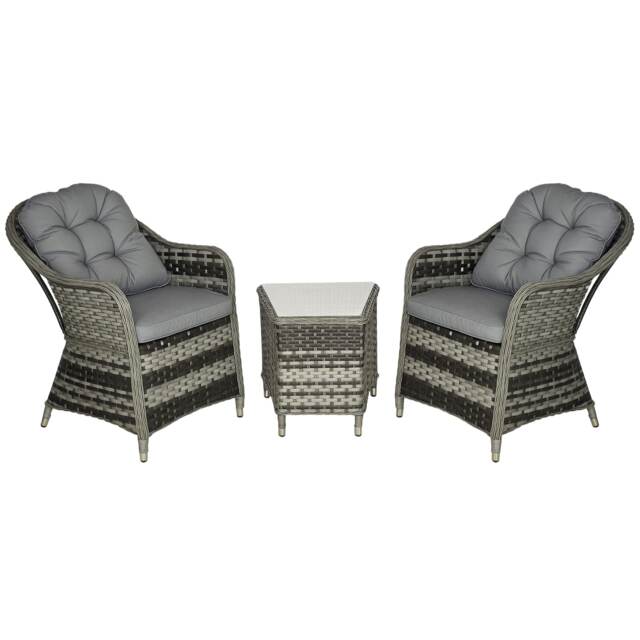 Outsunny 3 Pieces Rattan Bistro Set, Wicker Garden Bistro Set, Glass Top Balcony Table and Chairs with Cushions for Outdoor, Patio, Balcony, Grey