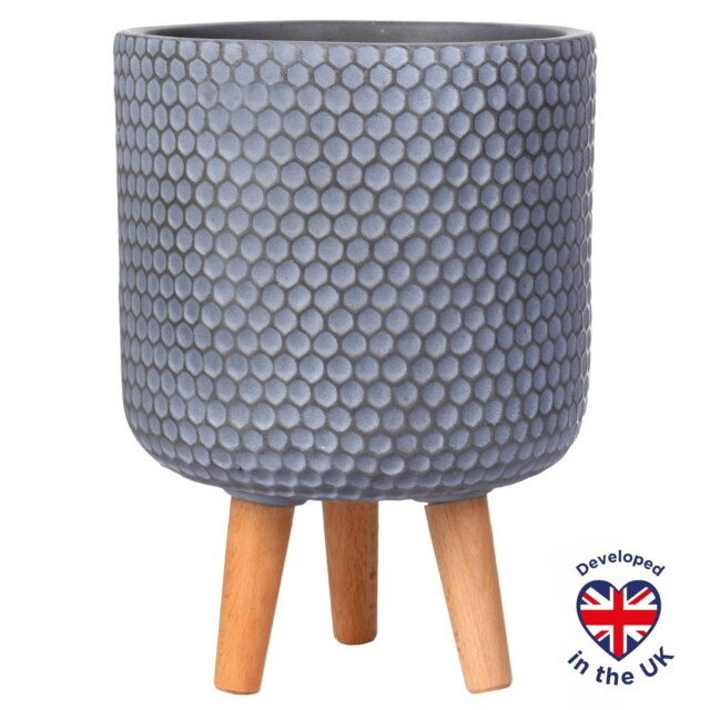 Honeycomb Style Grey Cylinder Planter on Legs, Round Pot Plant Stand Indoor D25 H34 cm, 9.1 ltrs Cap.