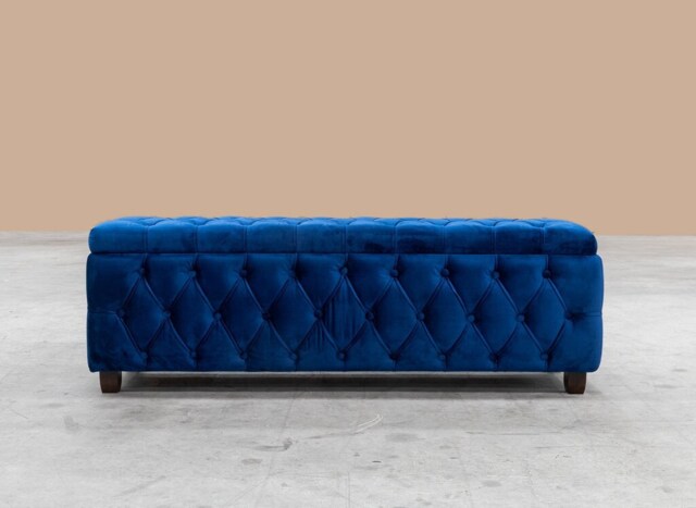 150cm Riga Ottoman Storage Box with Wooden Legs, Sapphire Blue Velvet Upholstered Chesterfield Storage Ottoman Box