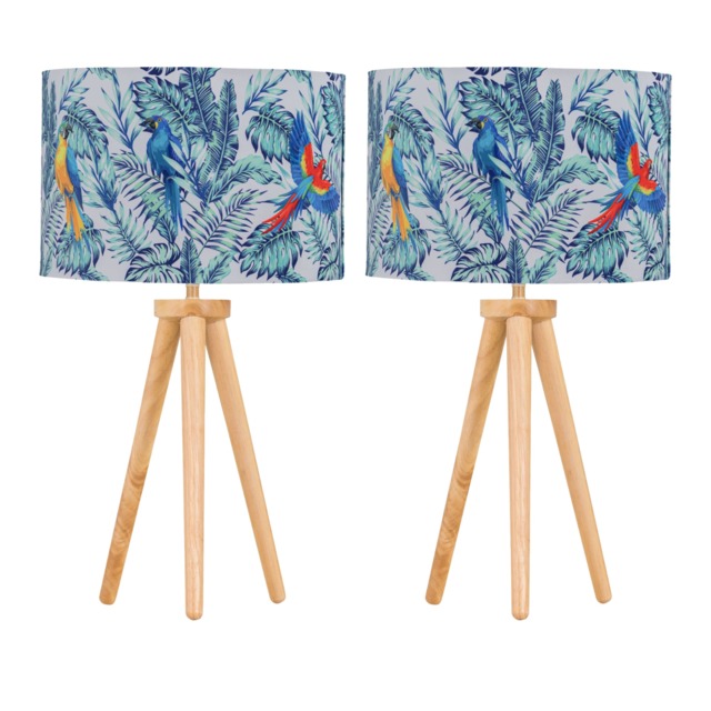 Set of 2 Light Oak Table Lamp Bedside Lights with Parrot Velvet Shades Brown Multi Large 2