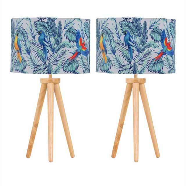 Set of 2 Light Oak Table Lamp Bedside Lights with Parrot Velvet Shades Brown Multi Large 2