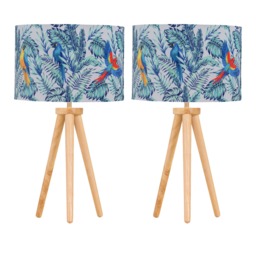 Set of 2 Light Oak Table Lamp Bedside Lights with Parrot Velvet Shades Brown Multi Large 2