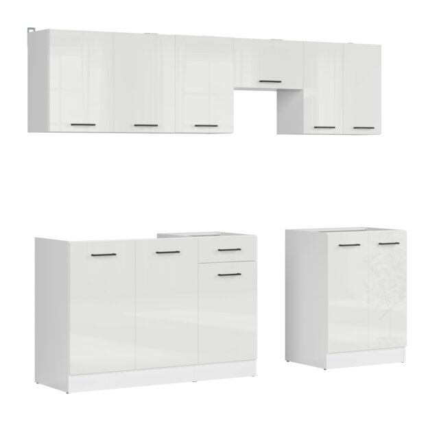 Kitchen Cabinet 7 Unit Set Wall Base Complete DIY 230cm White Chalk Gloss Junona
